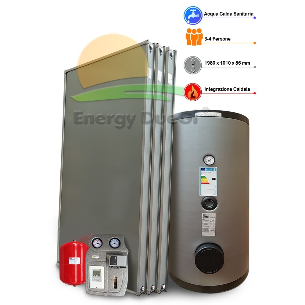 Kit impianto solare termico a svuotamento con integrazione per produzione Acqua Calda Sanitaria, 3-4 persone, bollitore 300 litr Kit impianto solare termico a svuotamento con integrazione per produzione Acqua Calda Sanitaria, 3-4 persone, bollitore 300 litr