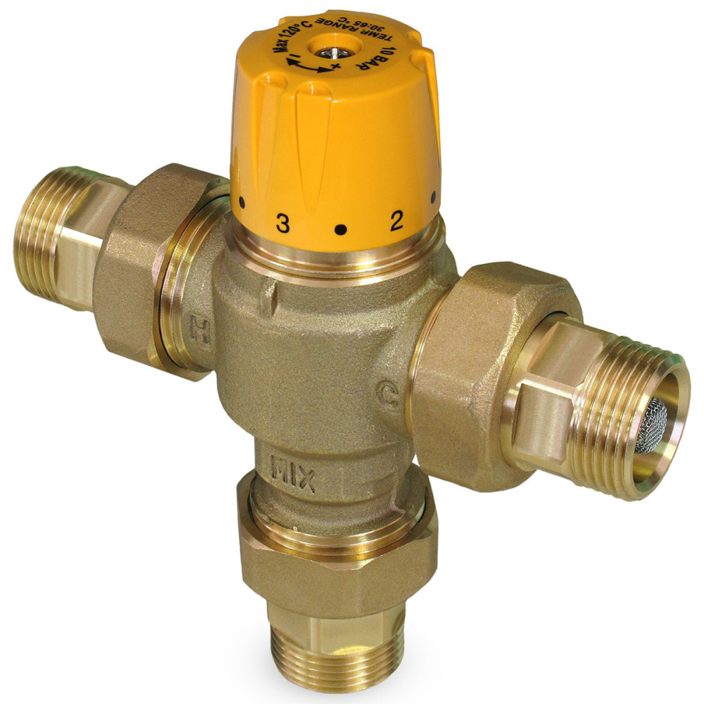 Valvola miscelatrice termostatica solare con funzione antiscottatura 3/4" x 1/2"M con valvole di non ritorno