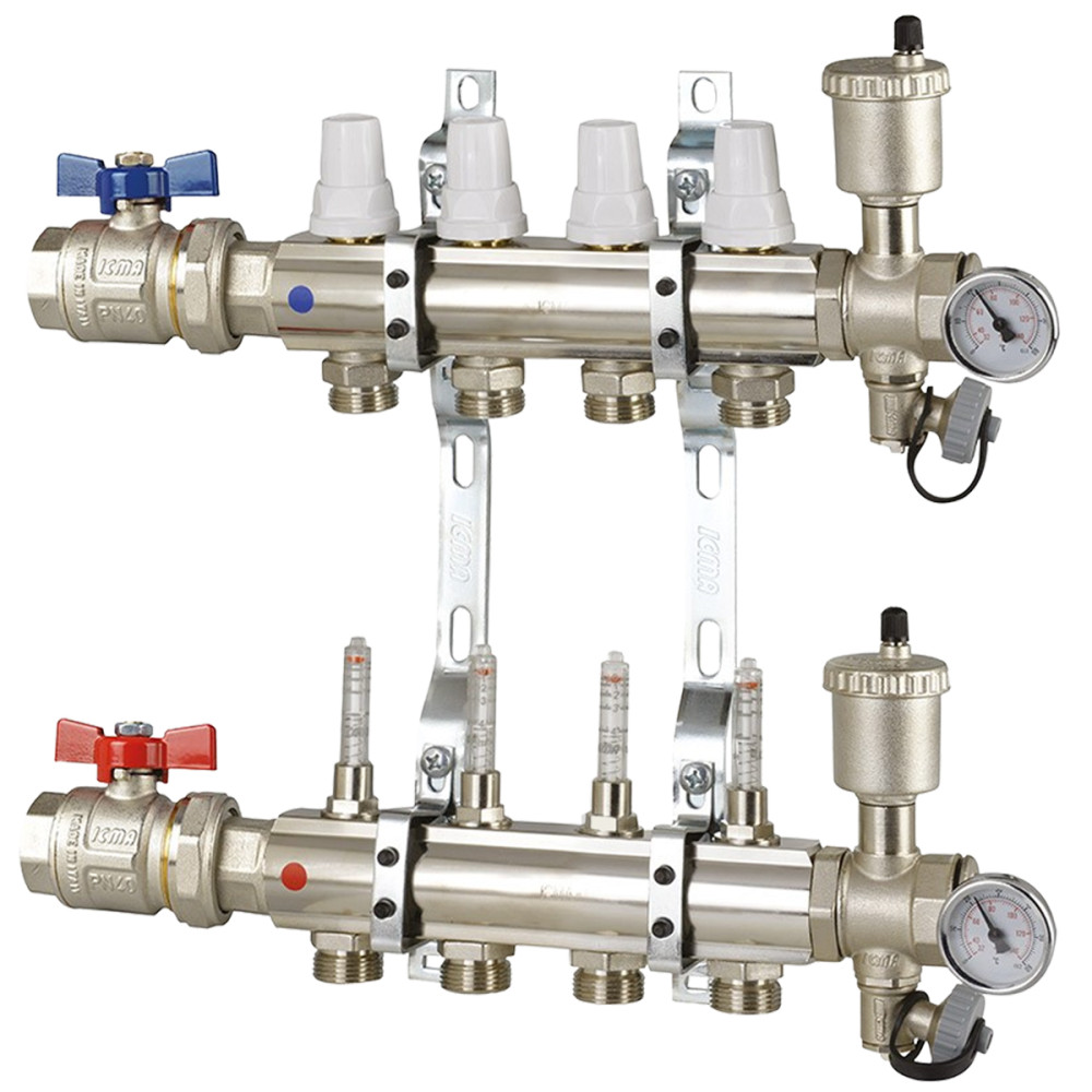 Collettore di distribuzione da 1" con 4 vie in ottone per impianti radianti a pavimento Collettore di distribuzione da 1" con 4 vie in ottone per impianti radianti a pavimento