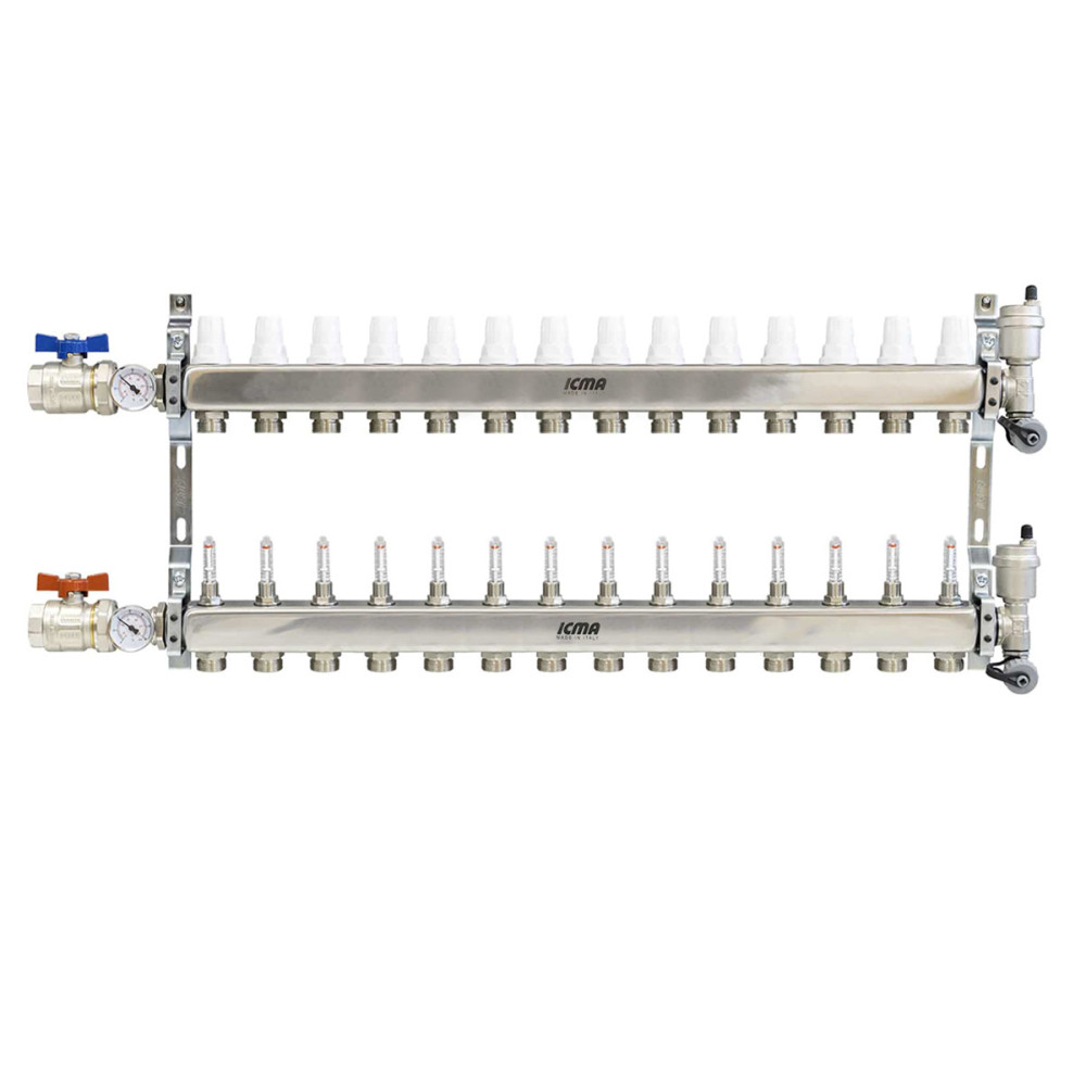 Collettore di distribuzione da 1" con 14 vie in acciaio inox per impianti radianti a pavimento Collettore di distribuzione da 1" con 14 vie in acciaio inox per impianti radianti a pavimento