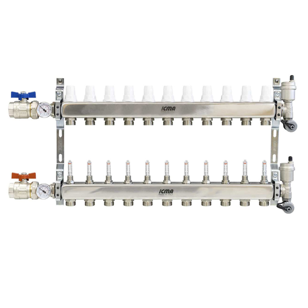 Collettore di distribuzione da 1" con 11 vie in acciaio inox per impianti radianti a pavimento Collettore di distribuzione da 1" con 11 vie in acciaio inox per impianti radianti a pavimento
