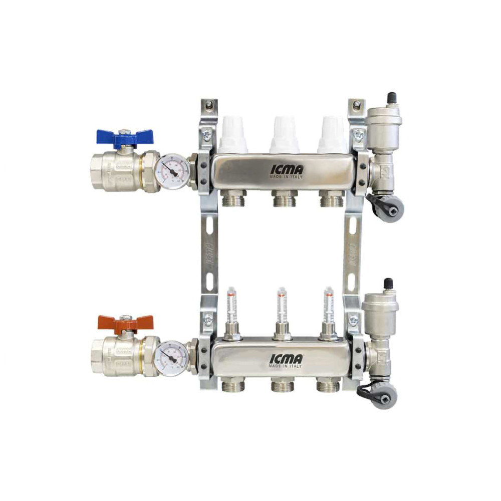 Collettore di distribuzione da 1" con 3 vie in acciaio inox per impianti radianti a pavimento Collettore di distribuzione da 1" con 3 vie in acciaio inox per impianti radianti a pavimento