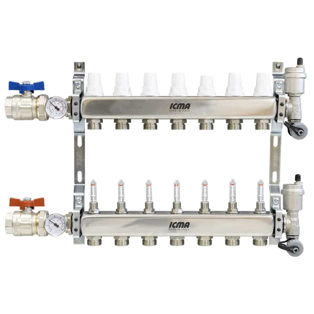 Collettore di distribuzione da 1" con 7 vie in acciaio inox per impianti radianti a pavimento Collettore di distribuzione da 1" con 7 vie in acciaio inox per impianti radianti a pavimento