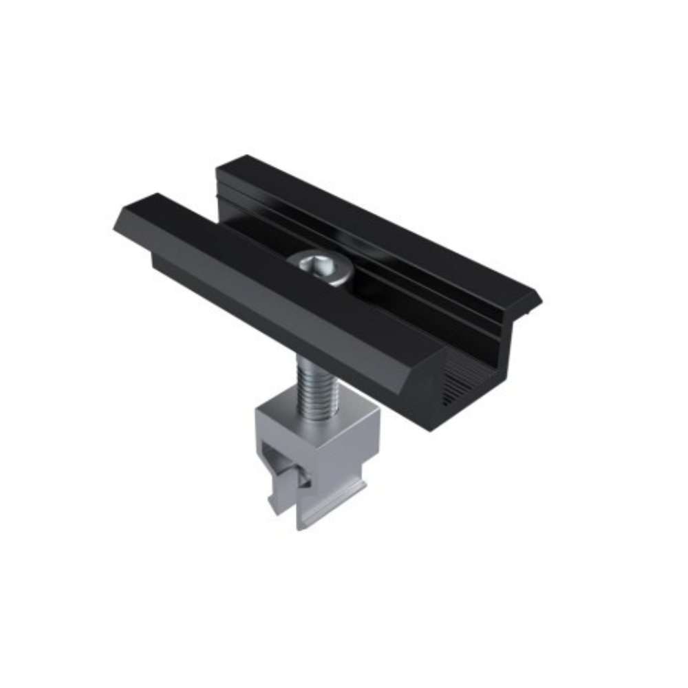 Morsetto Intermedio completo con Clip in Alluminio anodizzato nero - Lunghezza 70 mm Morsetto Intermedio completo con Clip in Alluminio anodizzato nero - Lunghezza 70 mm