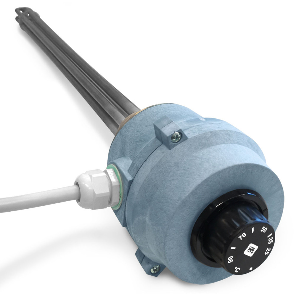 Resistenza elettrica corazzata trifase da 4,5 kW, termostato regolabile fino a 90°C Resistenza elettrica corazzata trifase da 4,5 kW, termostato regolabile fino a 90°C