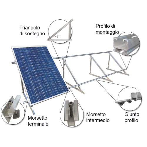 FVP08-V - Struttura di montaggio a 30° fissa per tetto piano per 8 pannelli  fotovoltaici verticali - E2G_FV