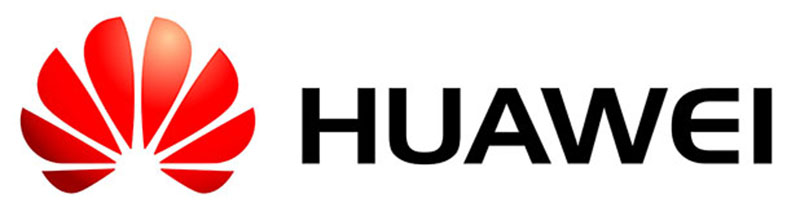 In foto si vede il logo grafico HUAWEI, cioè una scritta unita al pittogramma, ossia un'immagine che raffigura un fiore che sboccia affiancata al nome dell'azienda in lettere.